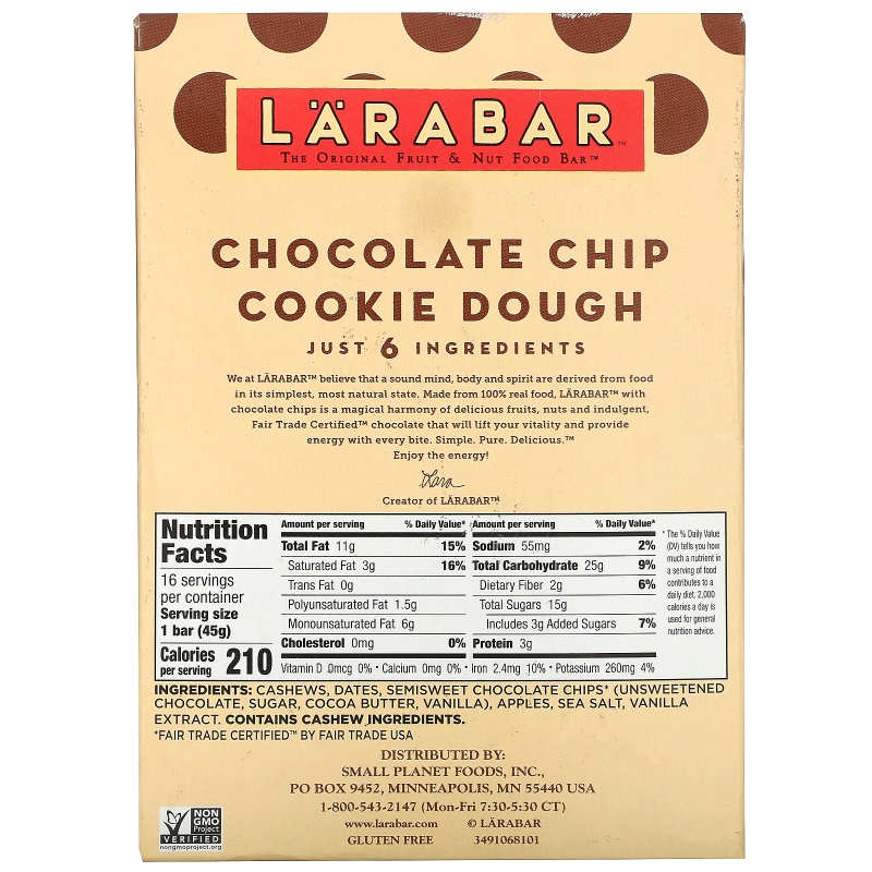 Larabar, Батончики с шоколадной крошкой  Cookie Dough, 16 батончиков, 1.6 унций (45 г) каждый