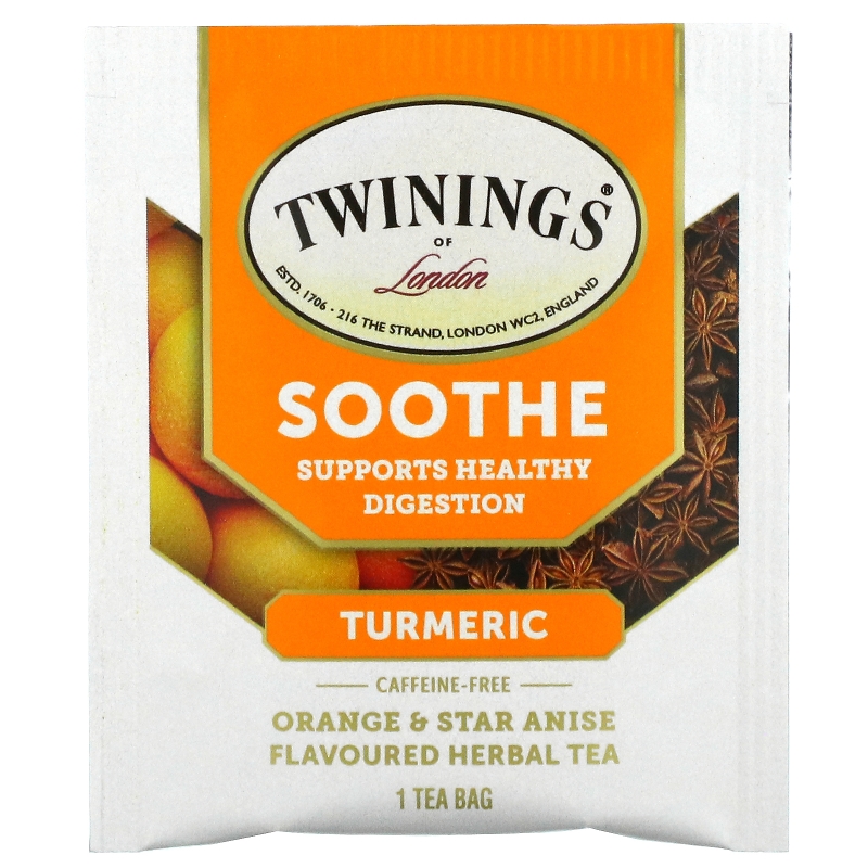 Twinings, Успокаивающий травяной чай, куркума, апельсин и анис звездчатый, без кофеина, 18 пакетиков по 1,27 унц. (36 г)