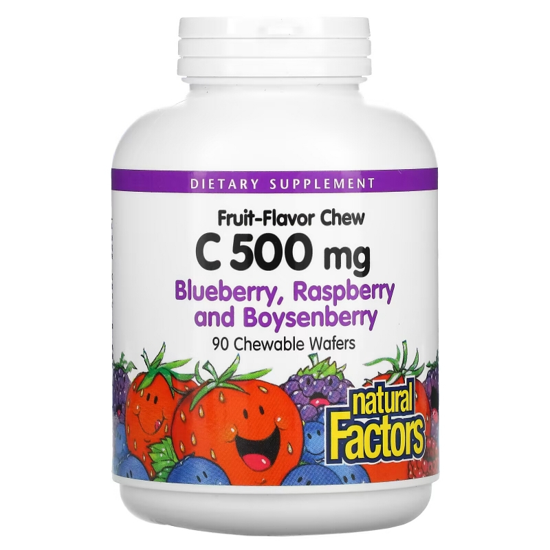 Natural Factors, Fruit-Flavor Chew Vitamin C, Blueberry, Raspberry and Boysenberry, 500 mg, 90 Chewable Wafers