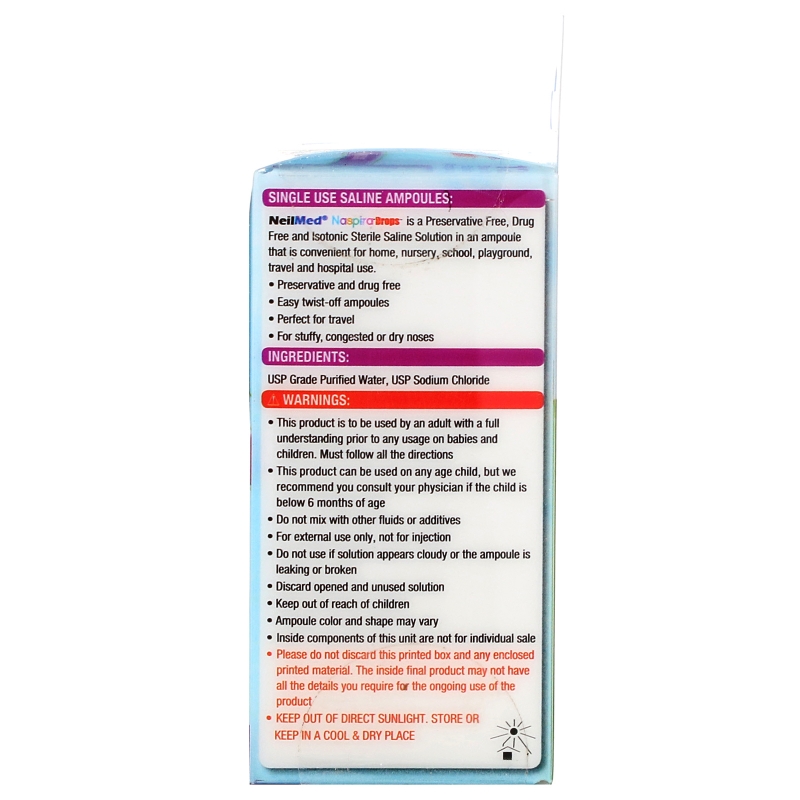 NeilMed, Naspira Drops, Babies & Kids, 12 Sterile Saline Ampoules, 0.034 fl oz (1 ml) Each