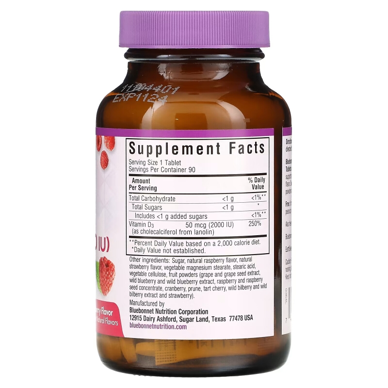 Bluebonnet Nutrition EarthSweet Vitamin D3 Natural Raspberry Flavor 2000 IU 90 Chewable Tablets