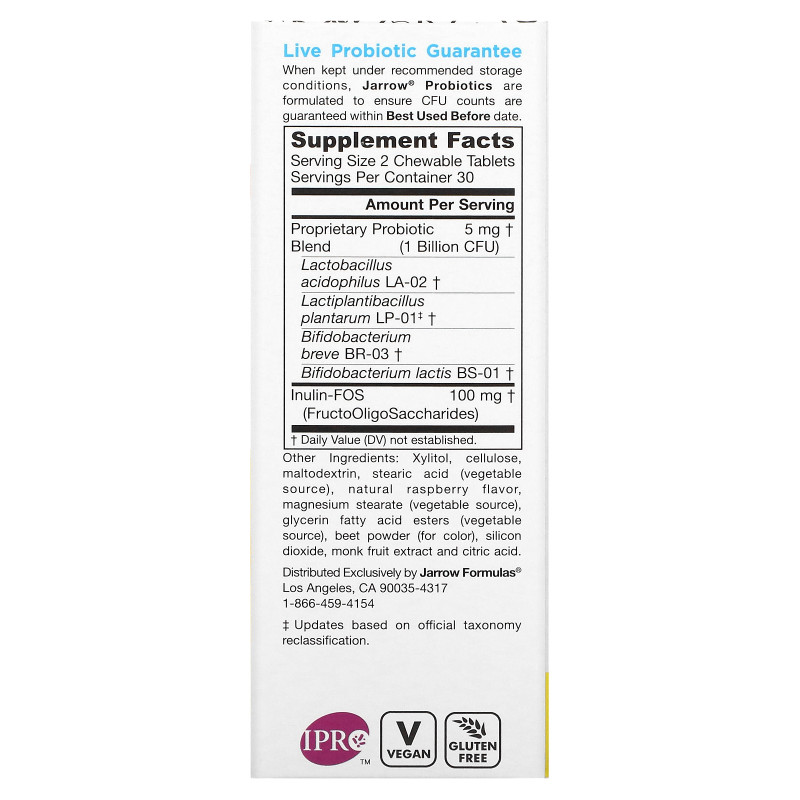 Jarrow Formulas, Jarro-Dophilus Kids, Probiotic + Prebiotic, Sugar Free, Natural Raspberry Flavor, 1 Billion Live Bacteria, 60 Chewable Tablets