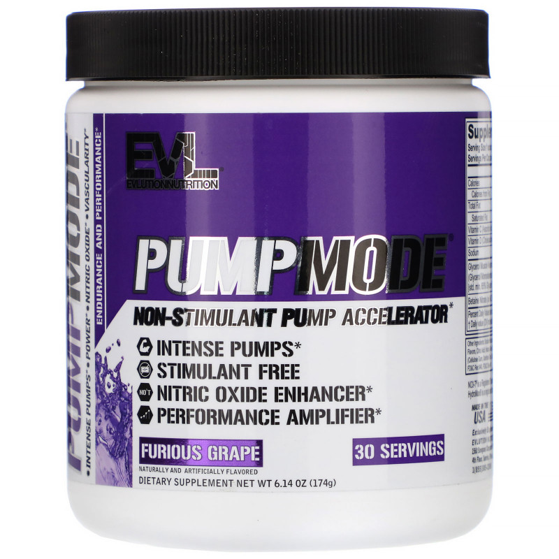 EVLution Nutrition, PumpMode, Non-Stimulant Pump Accelerator, Furious Grape, 5.3 oz (150 g)