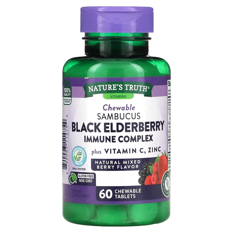 Nature's Truth, Sambucus Black Elderberry Immune Complex Plus Vitamin C & Zinc, Natural Mixed Berry, 60 Chewable Tablets