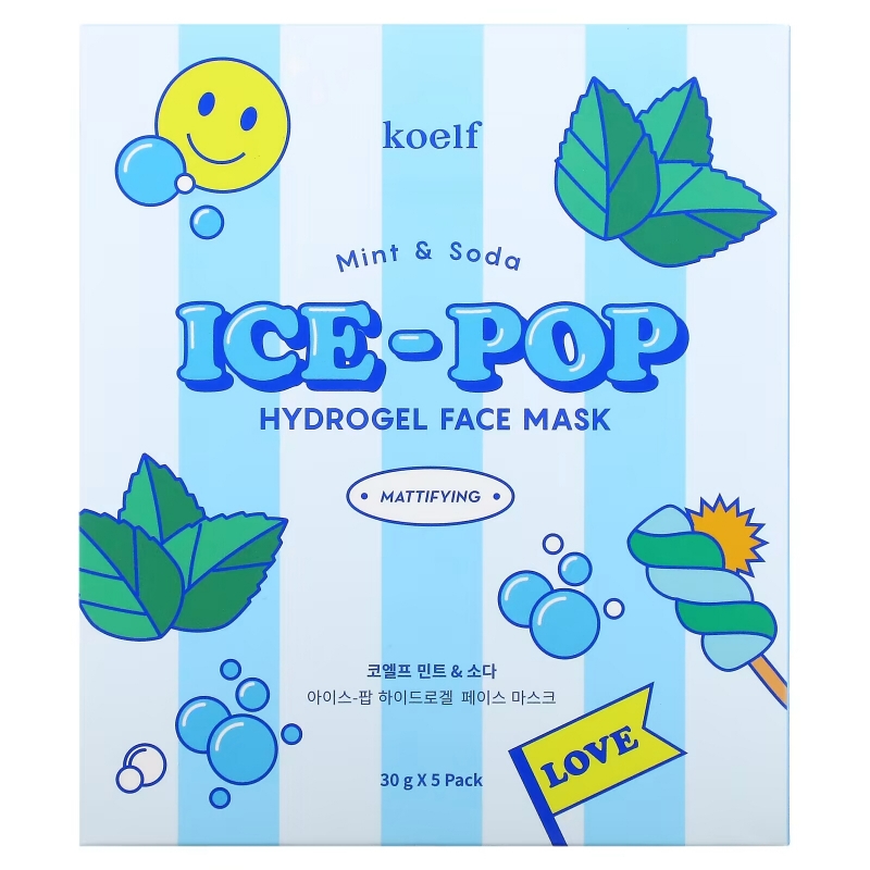 Koelf, Ice-Pop Hydrogel Beauty Face Mask, Mint & Soda, 5 Sheets, 30 g Each