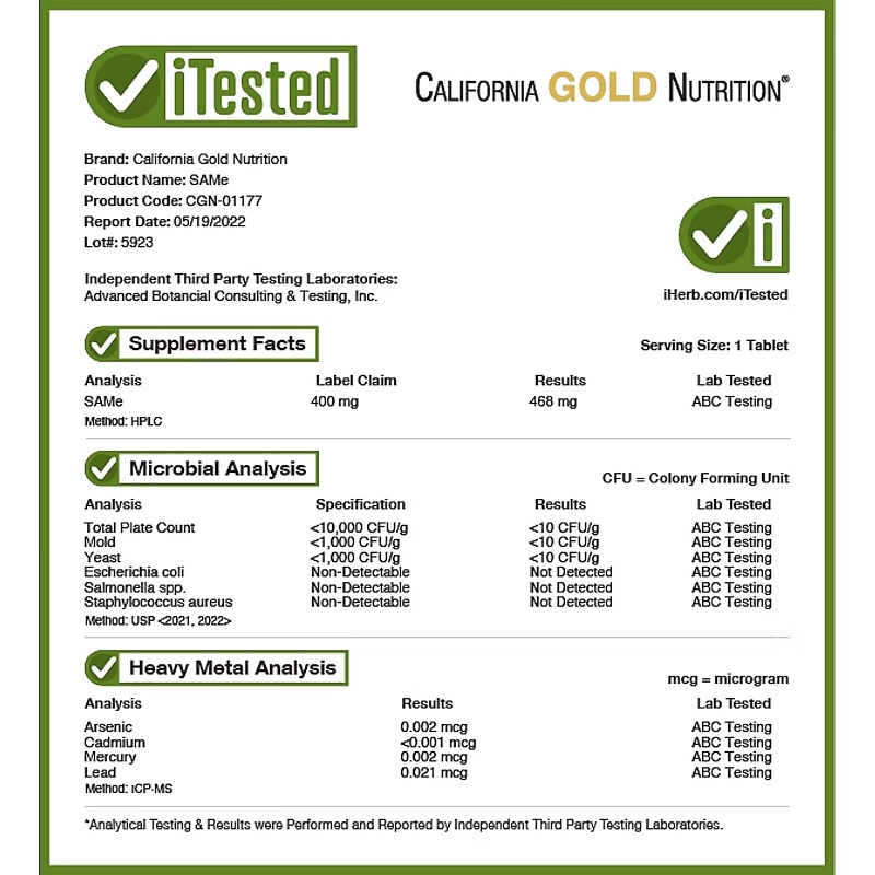 California Gold Nutrition, S-аденозил-L-метионин, из  бутандисульфоната ,400 мг, 60 покрытых желудочно-резистентной оболочкой таблеток