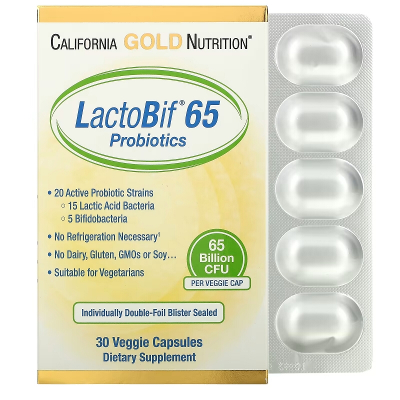 California Gold Nutrition, LactoBif, пробиотики, 65 млрд КОЕ, 30 вегетарианских капсул