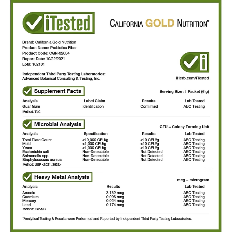 California Gold Nutrition, Prebiotic Fiber, 3 Packets, 0.21 oz (6 g) Each
